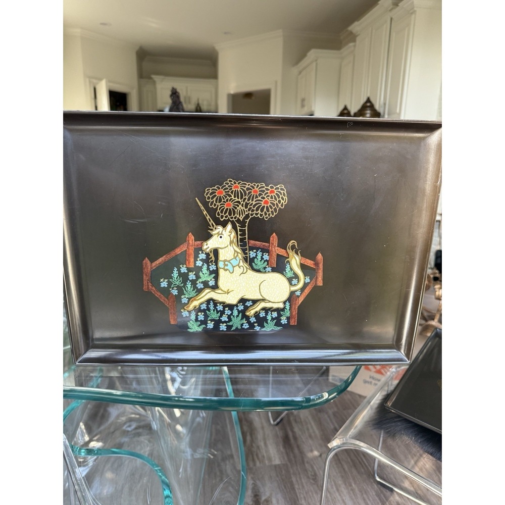 Vintage Couroc Of Monterrey MCM Black Inlaid Unicorn In Captivity Tray 18" x 12"